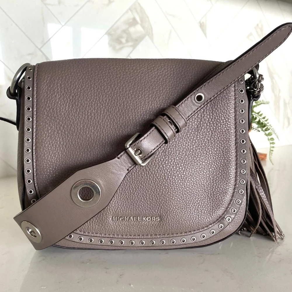 Michael Kors Brooklyn Leather Medium Crossbody Saddle Bag with Studs and…